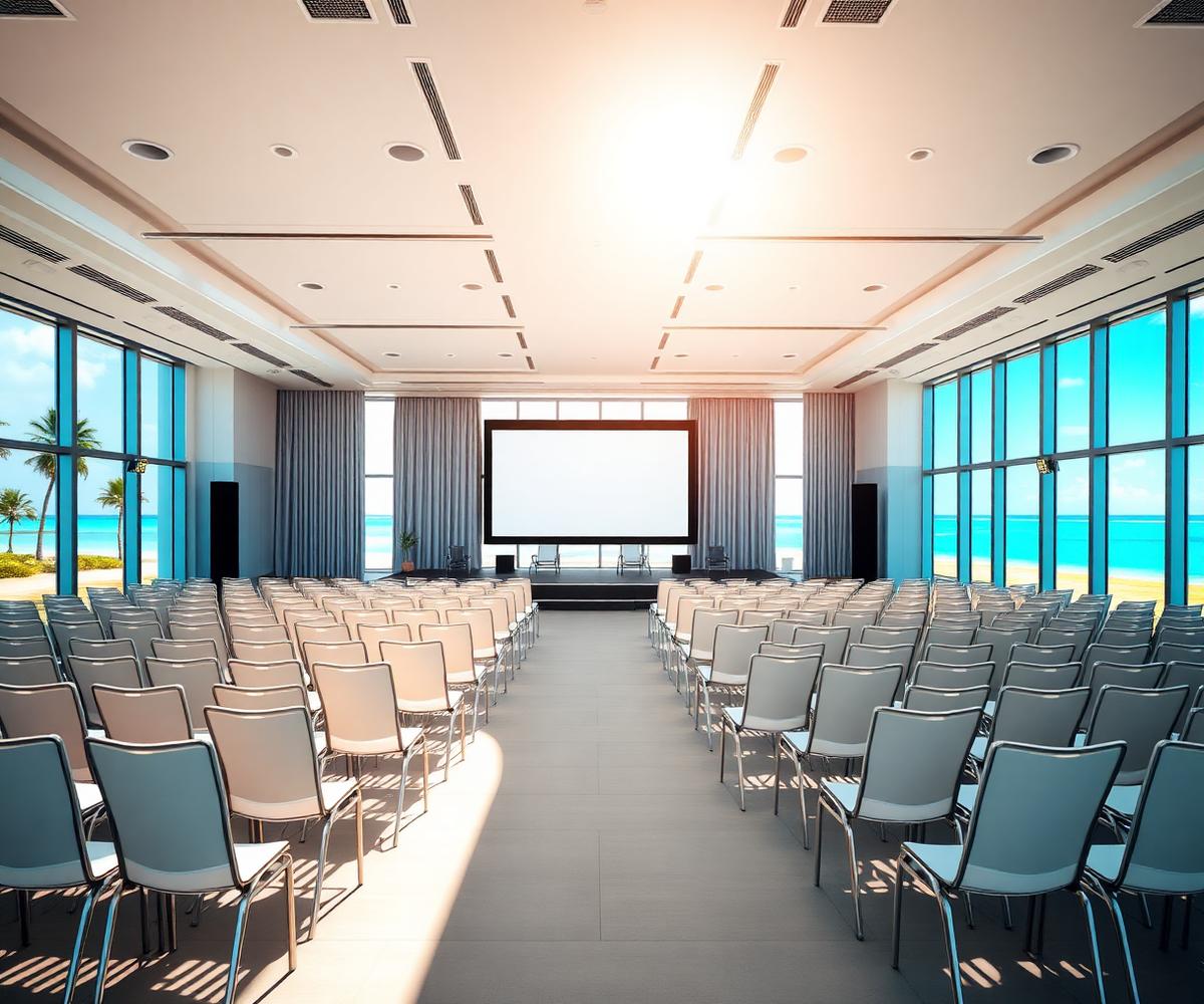 Sunlit Miami conference ballroom with ocean views, set for the Global Insolvency Live summit