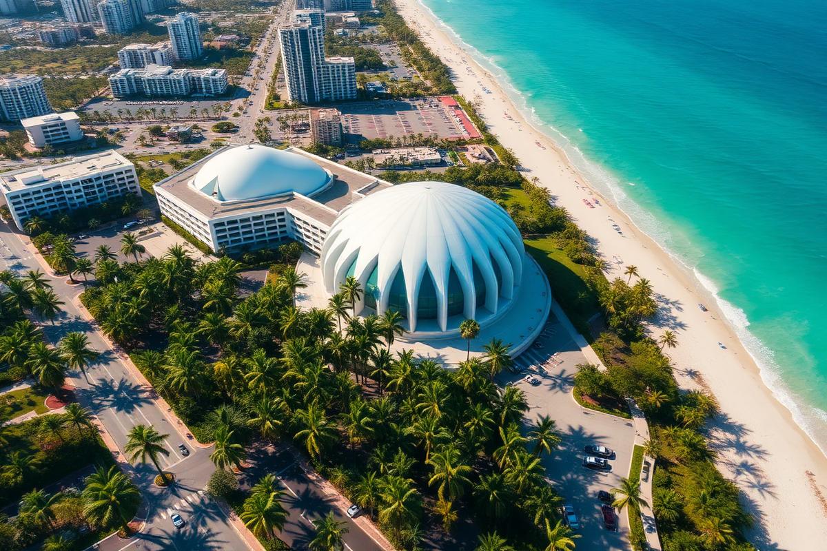 Aerial view of the Miami Beach Convention Center district and surrounding streets